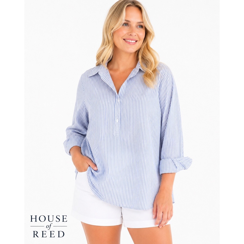 Woman Within Blue White Striped Cotton Button Down Shirt 2X 26/28 Pinstripe Top